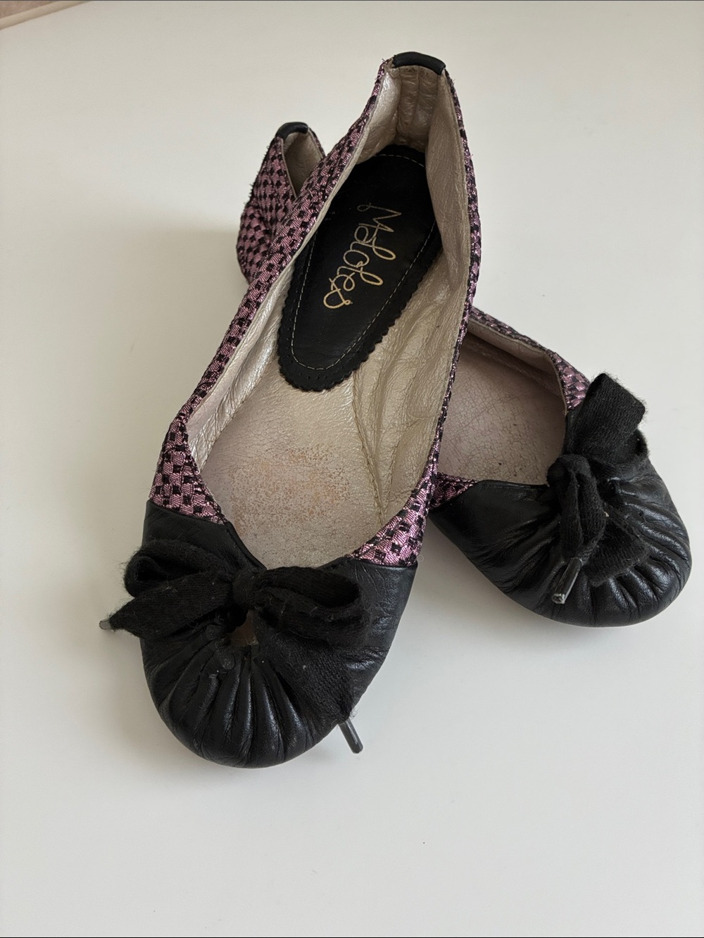 Maloles Pink Ballet Flats with Black Toe Bow